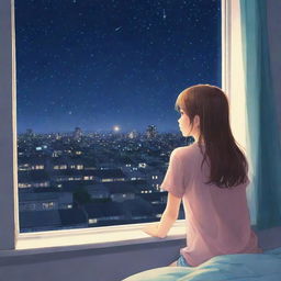 Anime-styled illustration of a girl gazing at a twinkling starlit sky from her bedroom window. The window offers a mesmerizing view of a city aglow with myriad lights at night.