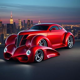 A stunning supercar fusion featuring a red 1939 Chevrolet Coupe with a custom hood and widebody kit, combined with the sleek, avant-garde style of a 1968 BMW Camaro