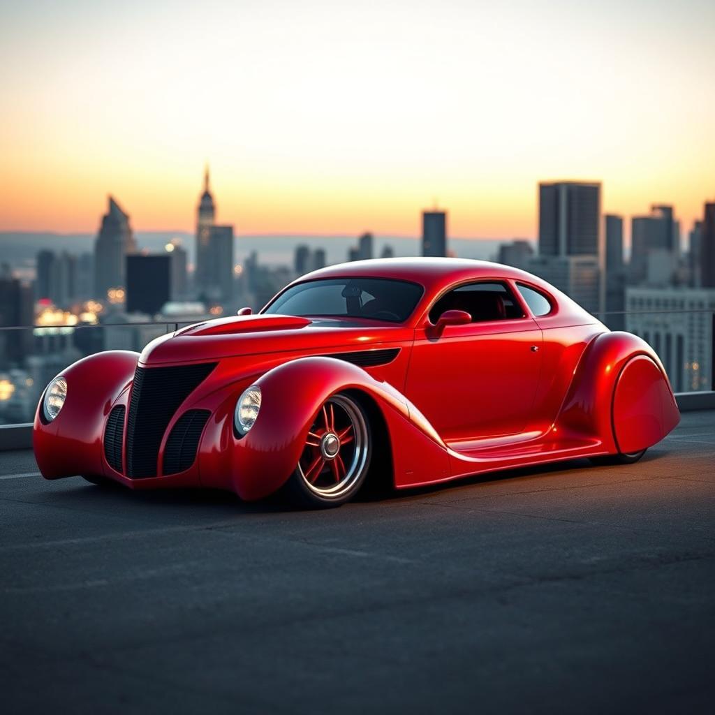 A stunning supercar fusion featuring a red 1939 Chevrolet Coupe with a custom hood and widebody kit, combined with the sleek, avant-garde style of a 1968 BMW Camaro