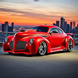 A stunning supercar fusion featuring a red 1939 Chevrolet Coupe with a custom hood and widebody kit, combined with the sleek, avant-garde style of a 1968 BMW Camaro