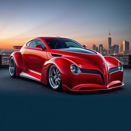 A stunning supercar fusion featuring a red 1939 Chevrolet Coupe with a custom hood and widebody kit, combined with the sleek, avant-garde style of a 1968 BMW Camaro