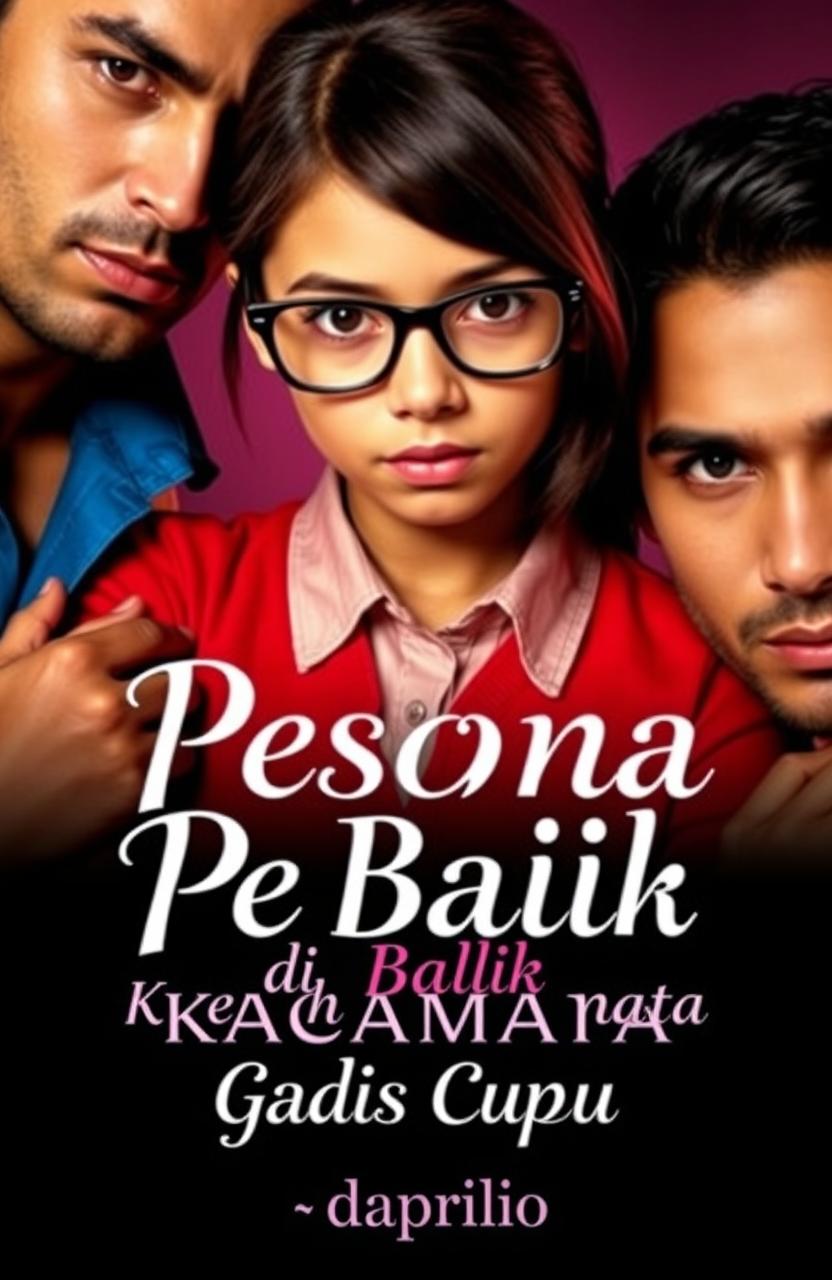 A provocative and sensual novel cover featuring a bespectacled nerdy girl with a shy yet intriguing expression, flanked by two handsome and charismatic men who exude confidence and charm