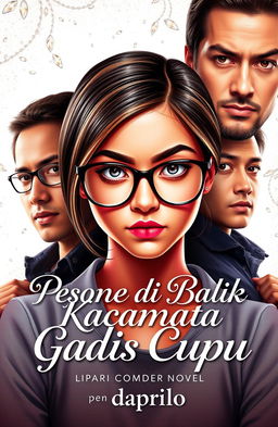 A provocative and sensual novel cover featuring a bespectacled nerdy girl with a shy yet intriguing expression, flanked by two handsome and charismatic men who exude confidence and charm