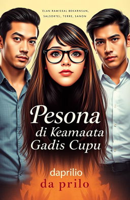 A provocative and sensual novel cover featuring a bespectacled nerdy girl with a shy yet intriguing expression, flanked by two handsome and charismatic men who exude confidence and charm