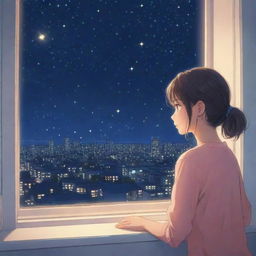 Anime-styled illustration of a girl gazing at a twinkling starlit sky from her bedroom window. The window offers a mesmerizing view of a city aglow with myriad lights at night.