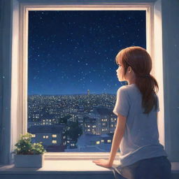 Anime-styled illustration of a girl gazing at a twinkling starlit sky from her bedroom window. The window offers a mesmerizing view of a city aglow with myriad lights at night.