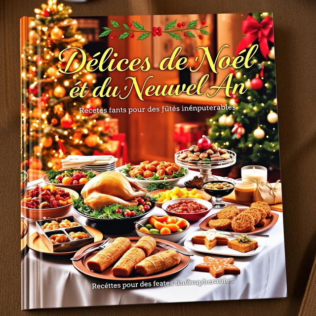 A beautiful and festive book cover for a cookbook titled 'Délices de Noël et du Nouvel An – Recettes pour des fêtes inoubliables'