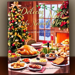 A beautiful and festive book cover for a cookbook titled 'Délices de Noël et du Nouvel An – Recettes pour des fêtes inoubliables'