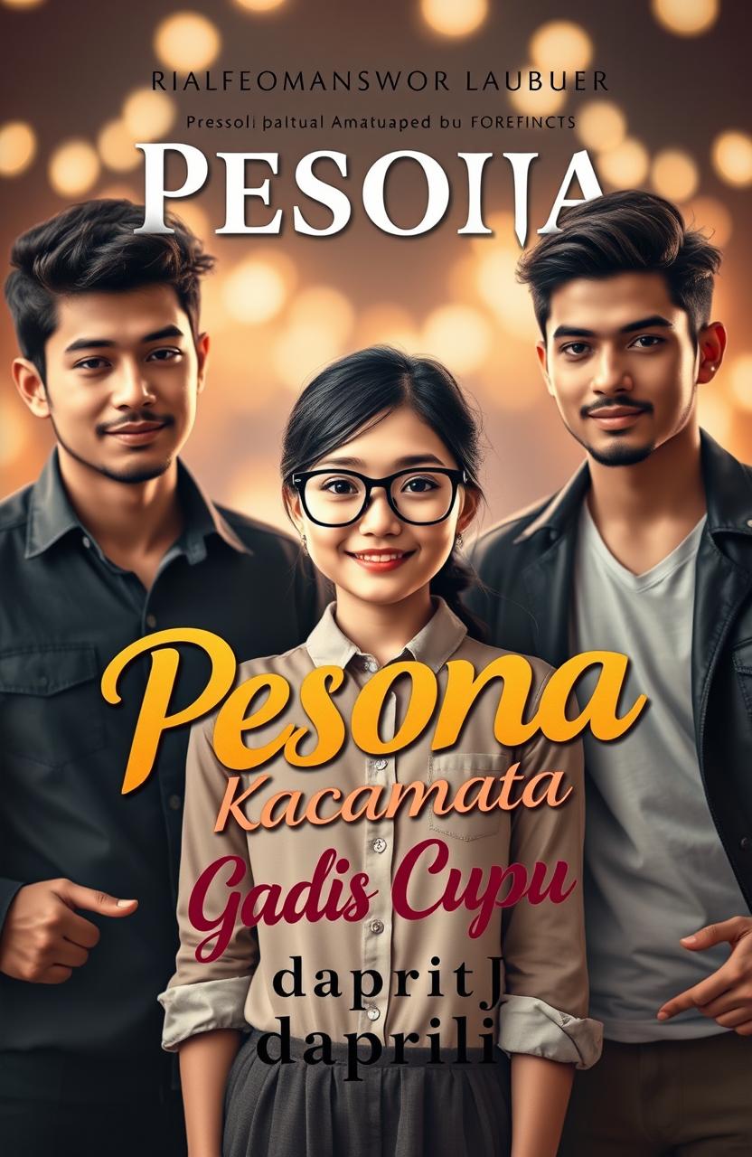 A novel cover design featuring a charming scene with a bespectacled, nerdy girl surrounded by two attractive, charismatic young men