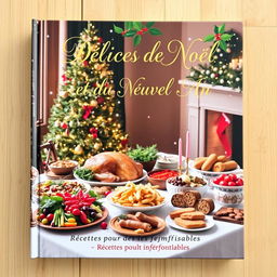 A beautiful and festive book cover for a cookbook titled 'Délices de Noël et du Nouvel An – Recettes pour des fêtes inoubliables'