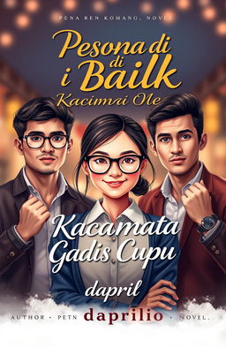 A novel cover design featuring a charming scene with a bespectacled, nerdy girl surrounded by two attractive, charismatic young men