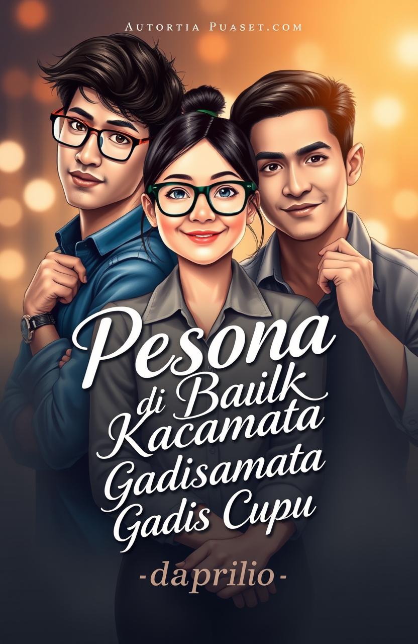 A novel cover design featuring a charming scene with a bespectacled, nerdy girl surrounded by two attractive, charismatic young men