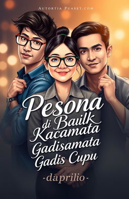 A novel cover design featuring a charming scene with a bespectacled, nerdy girl surrounded by two attractive, charismatic young men