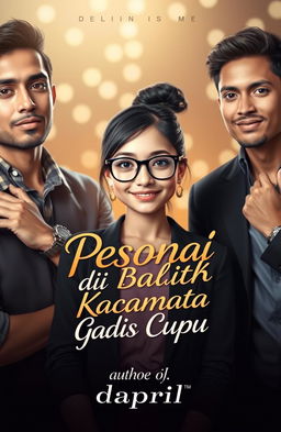 A novel cover design featuring a charming scene with a bespectacled, nerdy girl surrounded by two attractive, charismatic young men