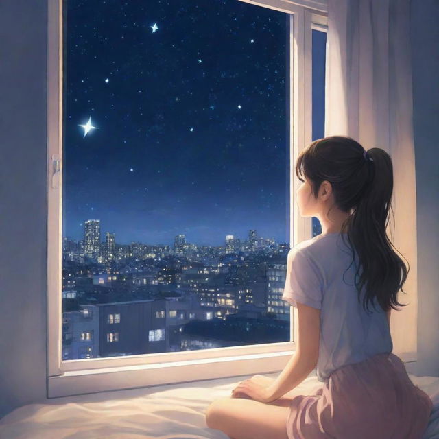 Anime-styled illustration of a girl gazing at a twinkling starlit sky from her bedroom window. The window offers a mesmerizing view of a city aglow with myriad lights at night.