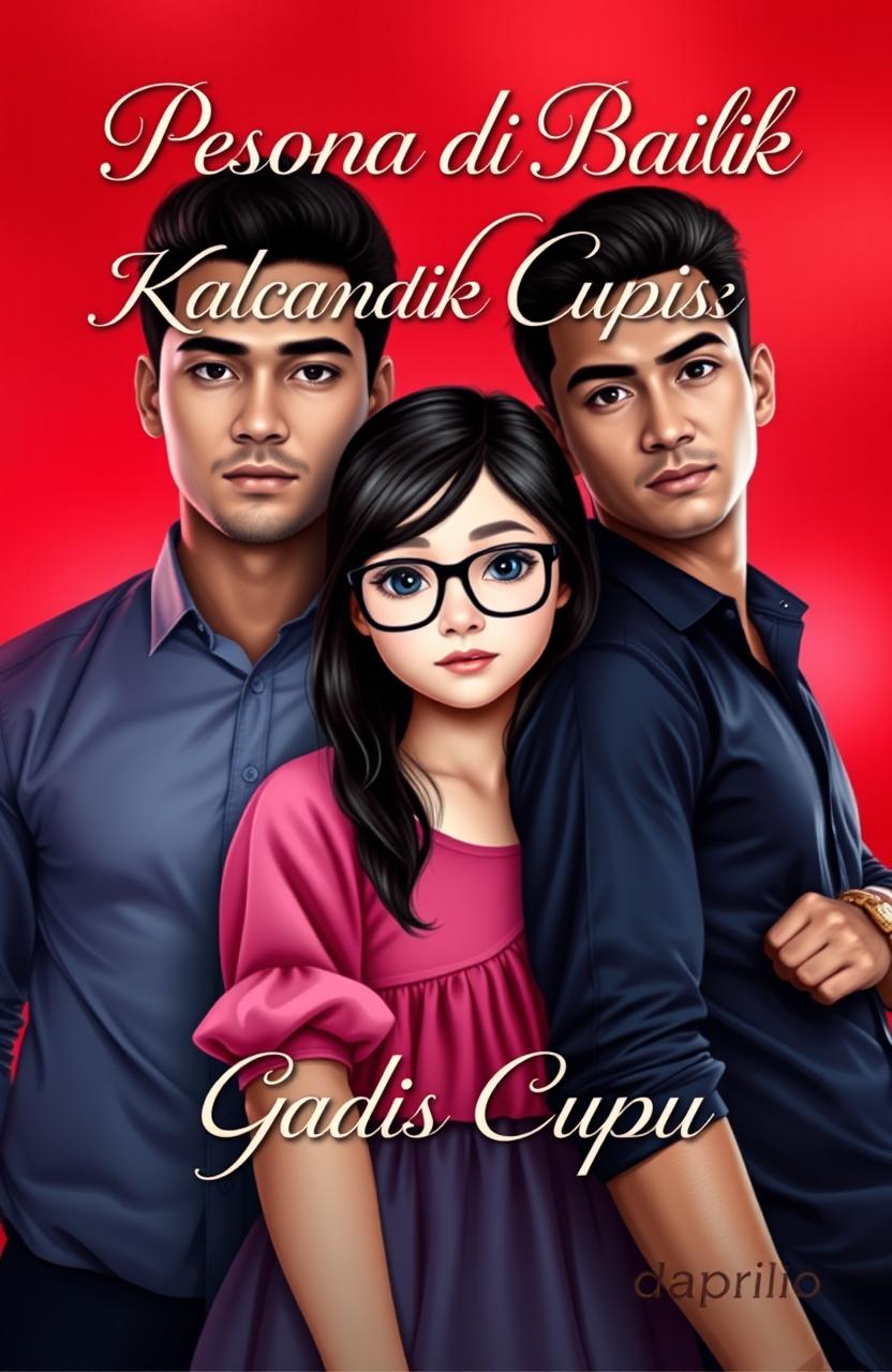 A romantic and sensual novel cover featuring a cute girl with glasses, exuding an innocent charm, and two handsome, charismatic men prominently standing next to her