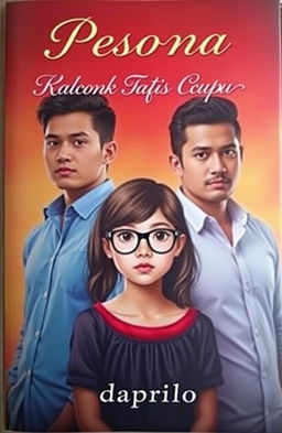 A romantic and sensual novel cover featuring a cute girl with glasses, exuding an innocent charm, and two handsome, charismatic men prominently standing next to her