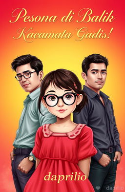 A romantic and sensual novel cover featuring a cute girl with glasses, exuding an innocent charm, and two handsome, charismatic men prominently standing next to her