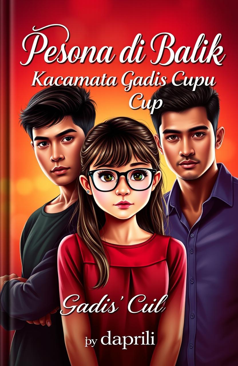 A romantic and sensual novel cover featuring a cute girl with glasses, exuding an innocent charm, and two handsome, charismatic men prominently standing next to her