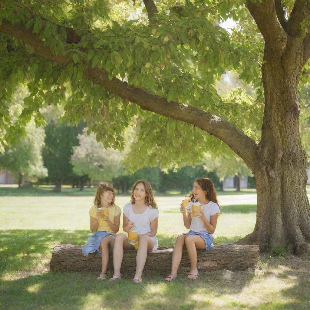 Two girls comfortably seated under a large, fruitful walnut tree, sipping on freshly made, cool lemonade in the shade on a sunny day.