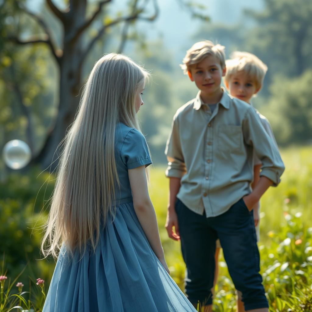 A serene and enchanting scene featuring a young girl with long straight silver hair and snow-white skin, wearing a flowing blue dress