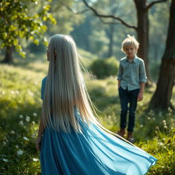 A serene and enchanting scene featuring a young girl with long straight silver hair and snow-white skin, wearing a flowing blue dress