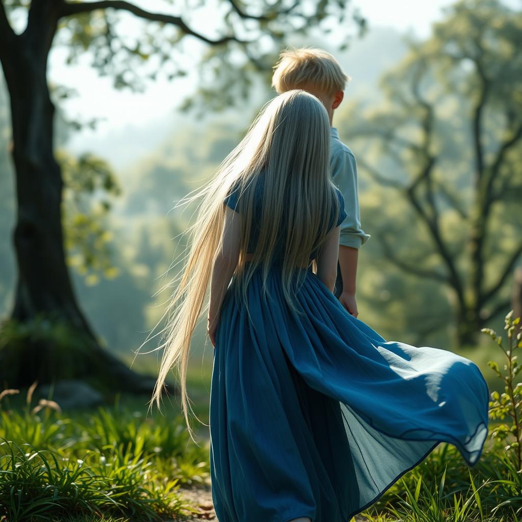 A serene and enchanting scene featuring a young girl with long straight silver hair and snow-white skin, wearing a flowing blue dress