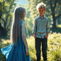 A serene and enchanting scene featuring a young girl with long straight silver hair and snow-white skin, wearing a flowing blue dress