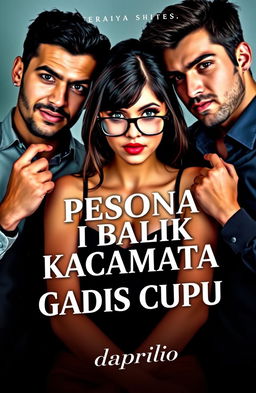 A captivating book cover featuring an adult woman with a nerdy look and glasses, looking both intelligent and alluring, surrounded by two handsome and charismatic men, exuding charm and confidence