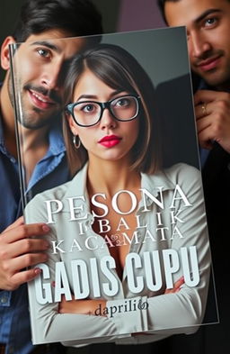 A captivating book cover featuring an adult woman with a nerdy look and glasses, looking both intelligent and alluring, surrounded by two handsome and charismatic men, exuding charm and confidence