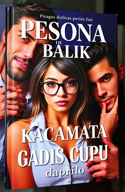 A captivating book cover featuring an adult woman with a nerdy look and glasses, looking both intelligent and alluring, surrounded by two handsome and charismatic men, exuding charm and confidence