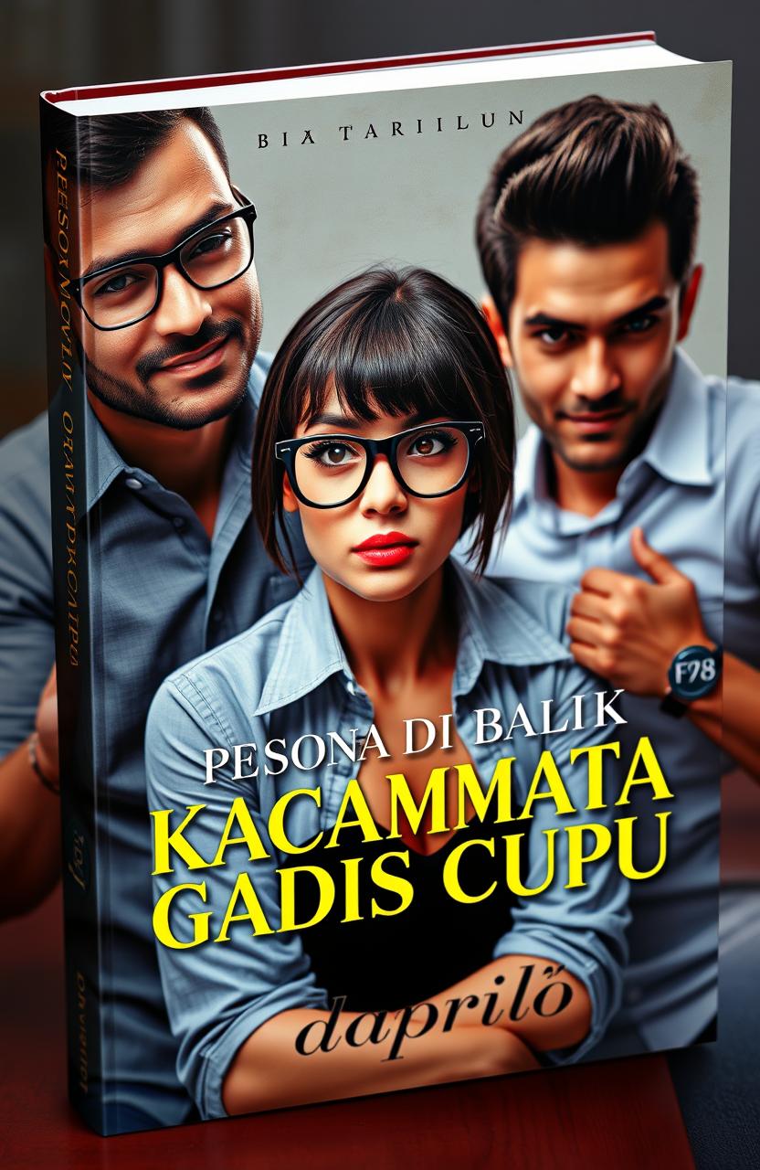 A captivating book cover featuring an adult woman with a nerdy look and glasses, looking both intelligent and alluring, surrounded by two handsome and charismatic men, exuding charm and confidence