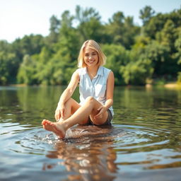 A young woman with short blonde hair sitting by the riverside, dipping her bare feet into the water