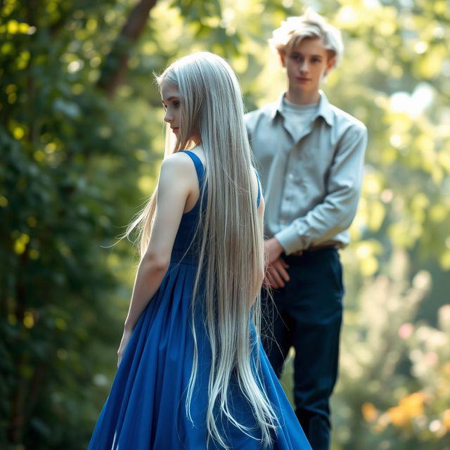 A captivating scene featuring a 19-year-old girl with long, straight silver hair cascading down her back and snow-white skin