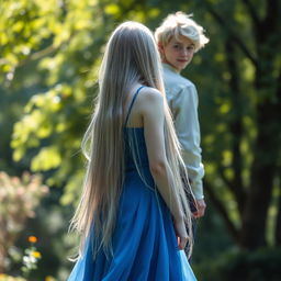 A captivating scene featuring a 19-year-old girl with long, straight silver hair cascading down her back and snow-white skin