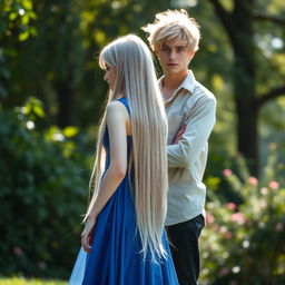 A captivating scene featuring a 19-year-old girl with long, straight silver hair cascading down her back and snow-white skin