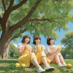 Anime styled girls, in their colorful attire, comfortably seated under a large, leafy walnut tree, savoring some fresh, cool lemonade. The scene reveals a sunny, peaceful day.