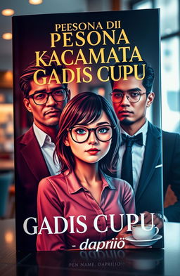 A visually striking book cover featuring an adult girl with a cute and nerdy aesthetic wearing glasses, alongside two charismatic men, both exuding charm and sophistication