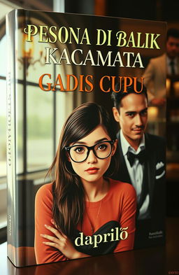 A visually striking book cover featuring an adult girl with a cute and nerdy aesthetic wearing glasses, alongside two charismatic men, both exuding charm and sophistication