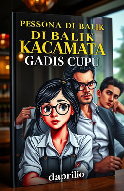 A visually striking book cover featuring an adult girl with a cute and nerdy aesthetic wearing glasses, alongside two charismatic men, both exuding charm and sophistication