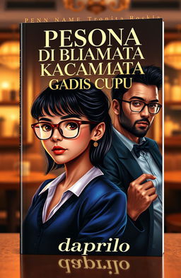 A visually striking book cover featuring an adult girl with a cute and nerdy aesthetic wearing glasses, alongside two charismatic men, both exuding charm and sophistication