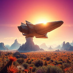 A gigantic starship soaring majestically in the sky under the warm sunlight of a vibrant alien planet