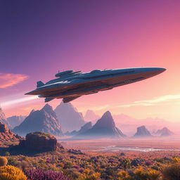 A gigantic starship soaring majestically in the sky under the warm sunlight of a vibrant alien planet