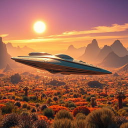 A gigantic starship soaring majestically in the sky under the warm sunlight of a vibrant alien planet