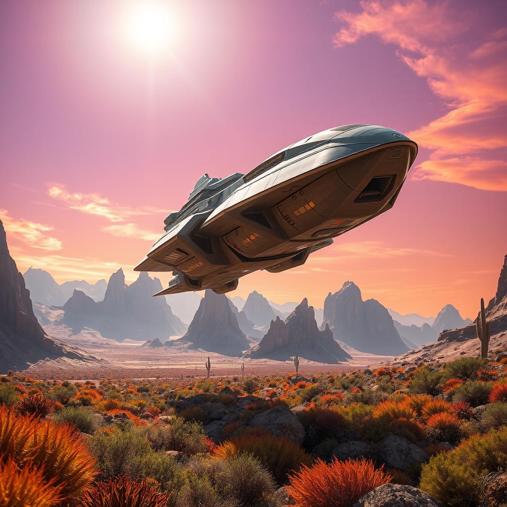 A gigantic starship soaring majestically in the sky under the warm sunlight of a vibrant alien planet