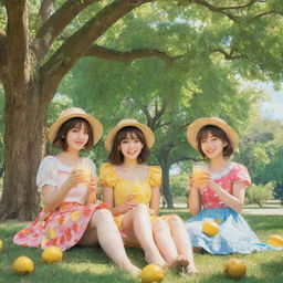 Anime styled girls, in their colorful attire, comfortably seated under a large, leafy walnut tree, savoring some fresh, cool lemonade. The scene reveals a sunny, peaceful day.