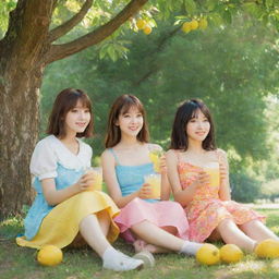 Anime styled girls, in their colorful attire, comfortably seated under a large, leafy walnut tree, savoring some fresh, cool lemonade. The scene reveals a sunny, peaceful day.