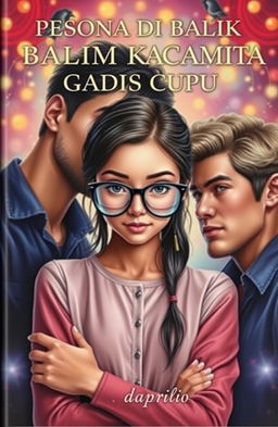 A captivating book cover featuring an attractive adult girl wearing stylish oversized glasses, showcasing an innocent and nerdy charm