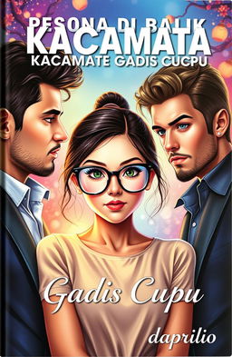 A captivating book cover featuring an attractive adult girl wearing stylish oversized glasses, showcasing an innocent and nerdy charm