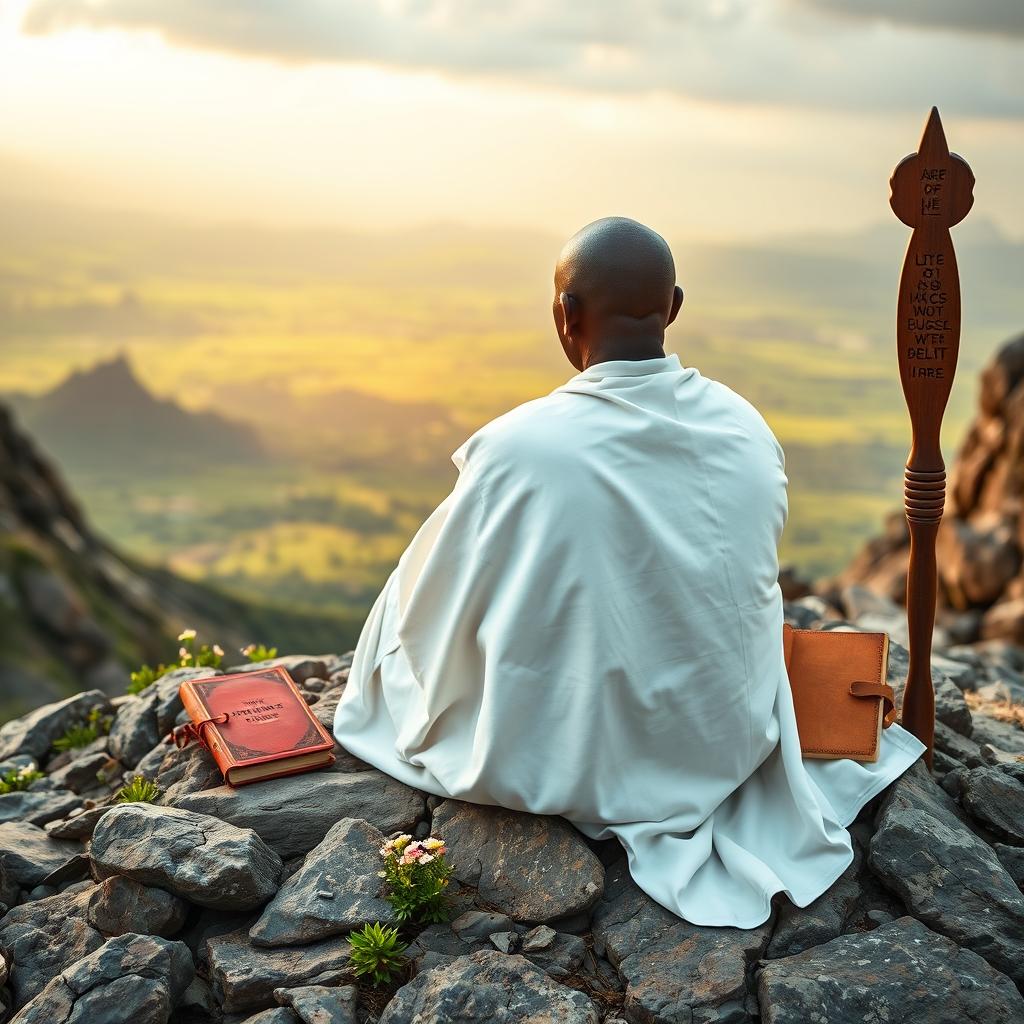 A book cover filled with an image of a bald black guru, an adult eremite, sitting completely with his back to the viewer on a rocky mountain peak